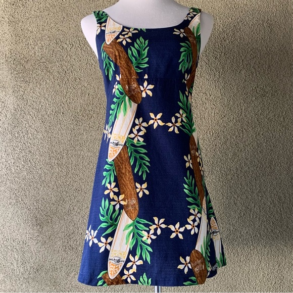🌺 “Blue Planet” Navy Hawaiian Barkcloth Mini-Dress Surfboards size XS - Picture 4 of 11